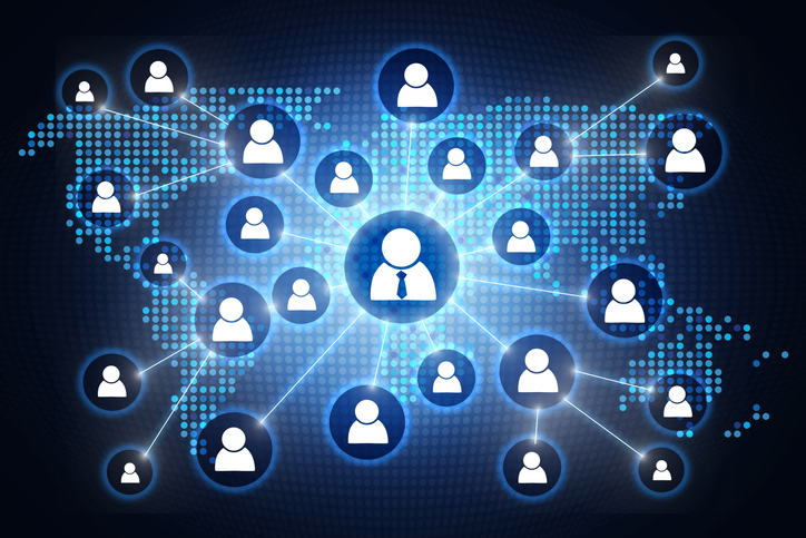 White icon with man with a tie communicating with other main people in business around the globe, global business communication concept